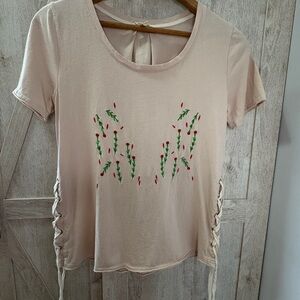 POL Pink Floral Embroidered Short Sleeve Top